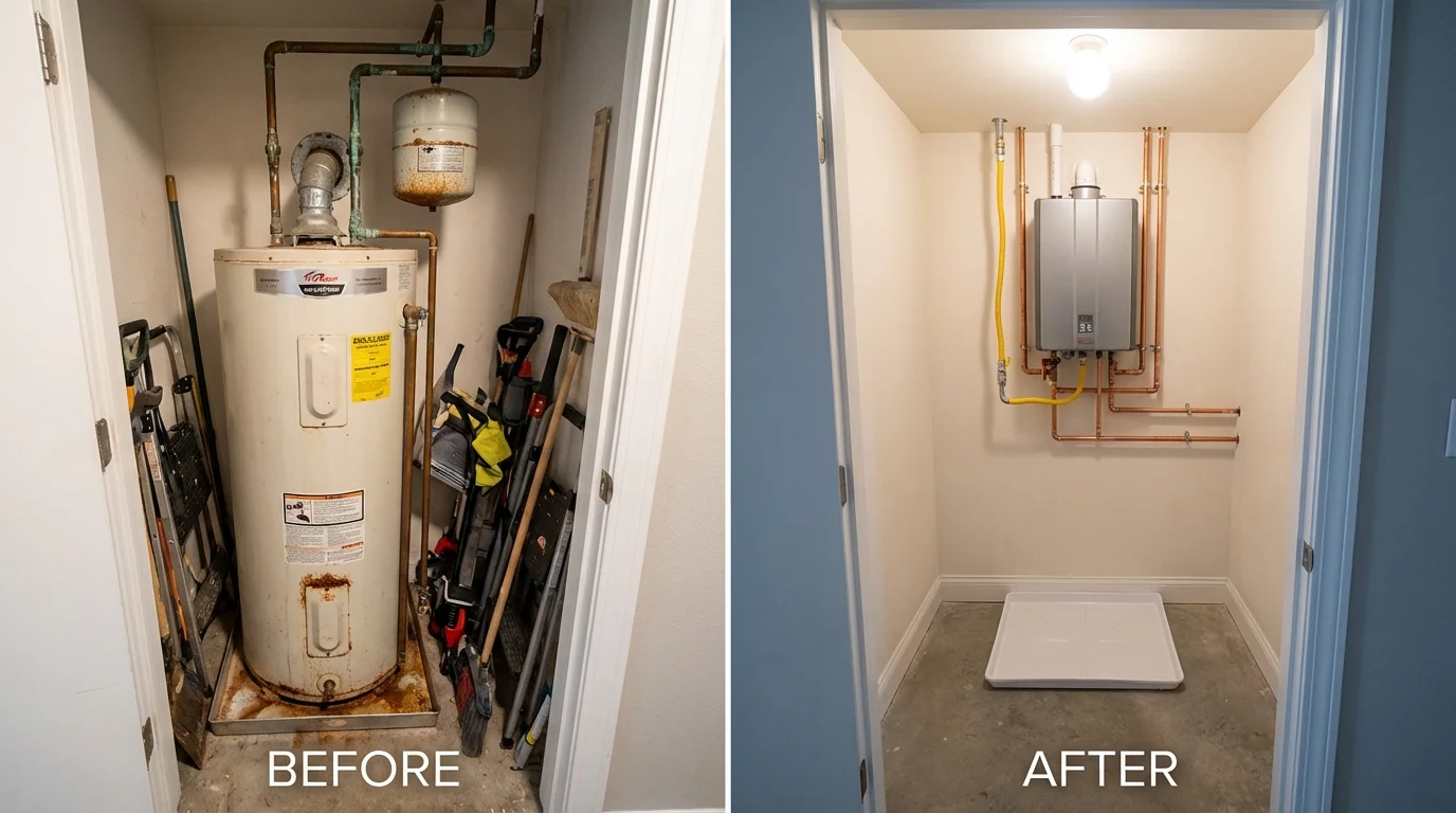 Tank water heater versus wall-mounted tankless unit comparison for Stuart, IA homeowners