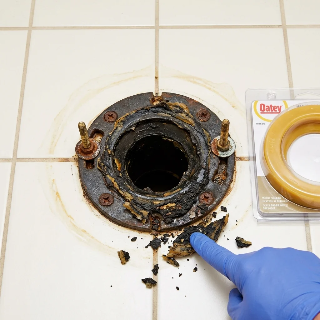 Failed wax ring showing water seepage at the base of a toilet in a Stuart, IA home