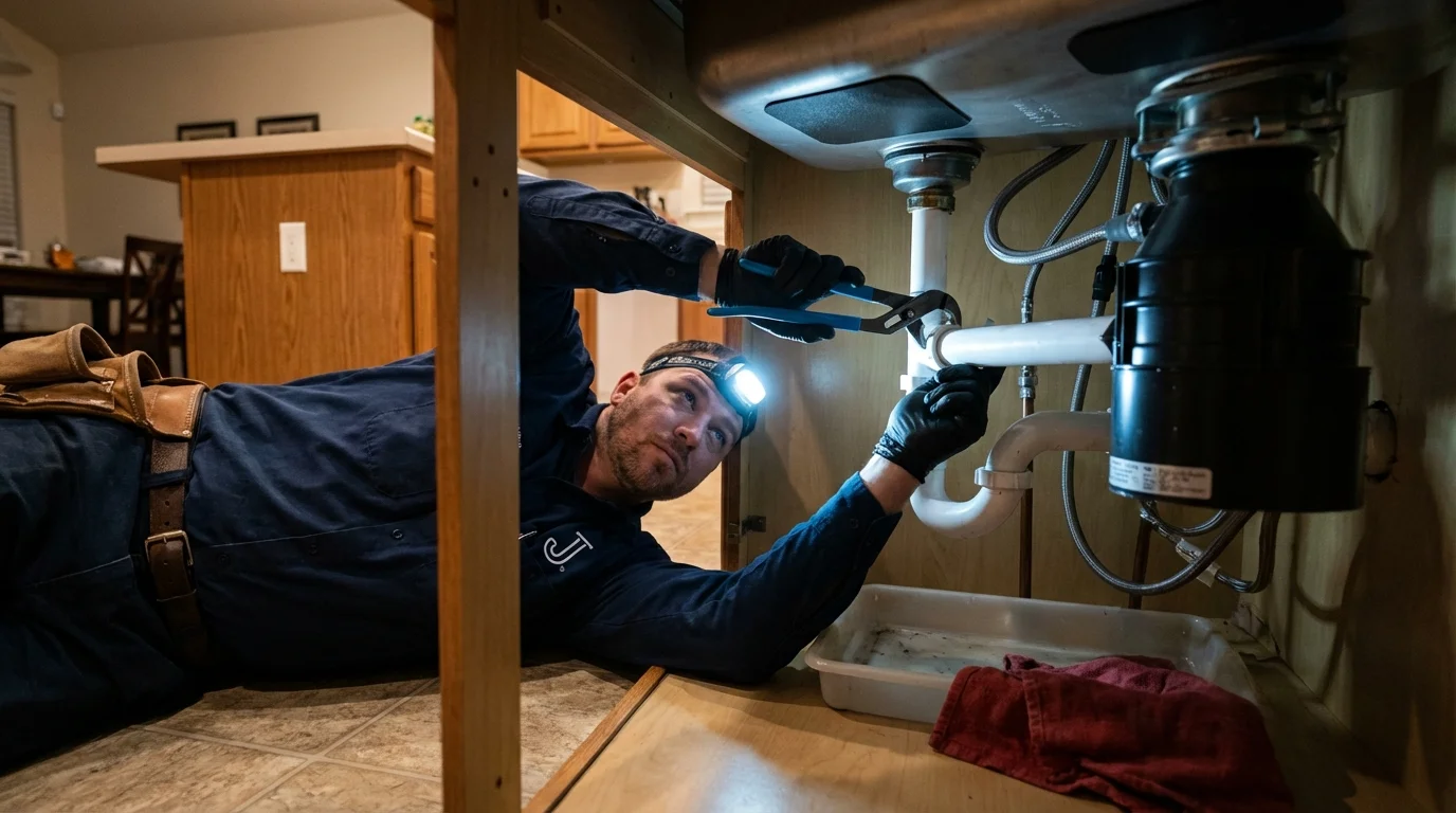 P-trap and supply line connections under a kitchen sink showing a common leak point in Stuart, IA